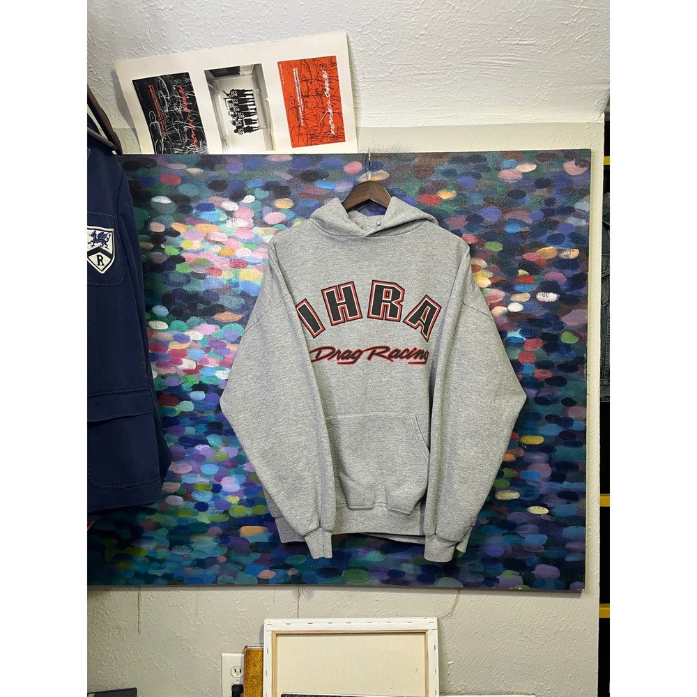 Vintage Jerzees IHRA Drag Racing Hoodie Gray Mens 2XL NuBlend Sweatshirt Racing